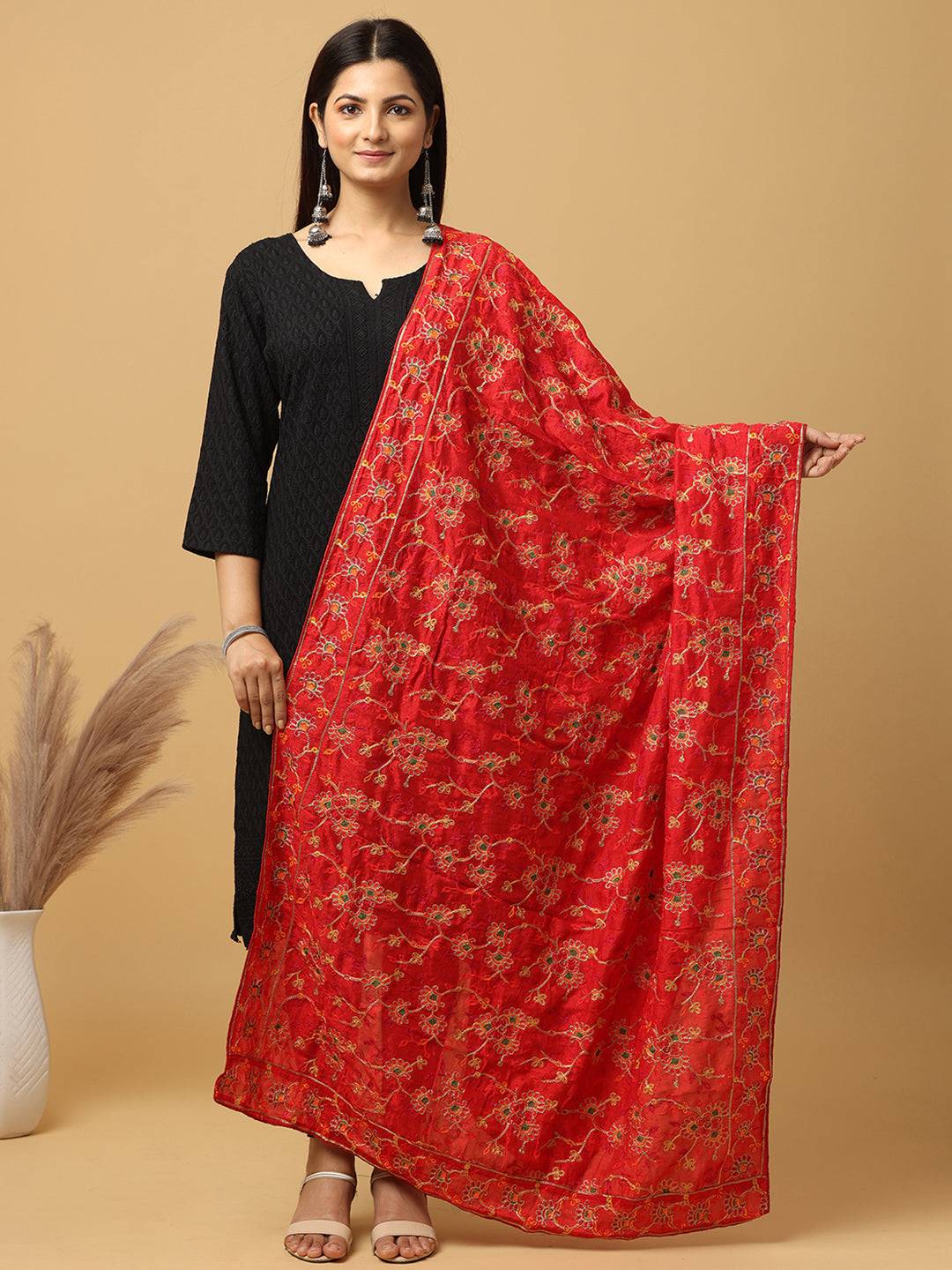Red poly chiffon pashmina dupatta with threadwork, front view.