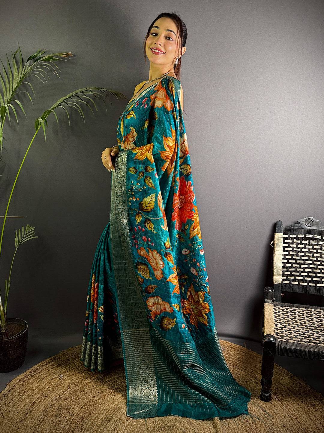 Teal Blue Pure Viscose Kalalmkari Print Saree

