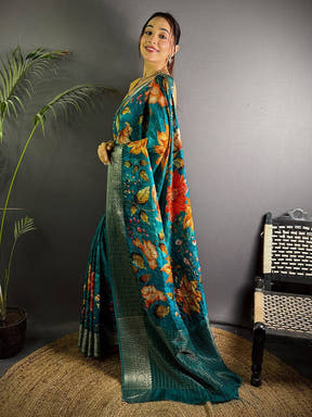 Teal Blue Pure Viscose Kalalmkari Print Saree

