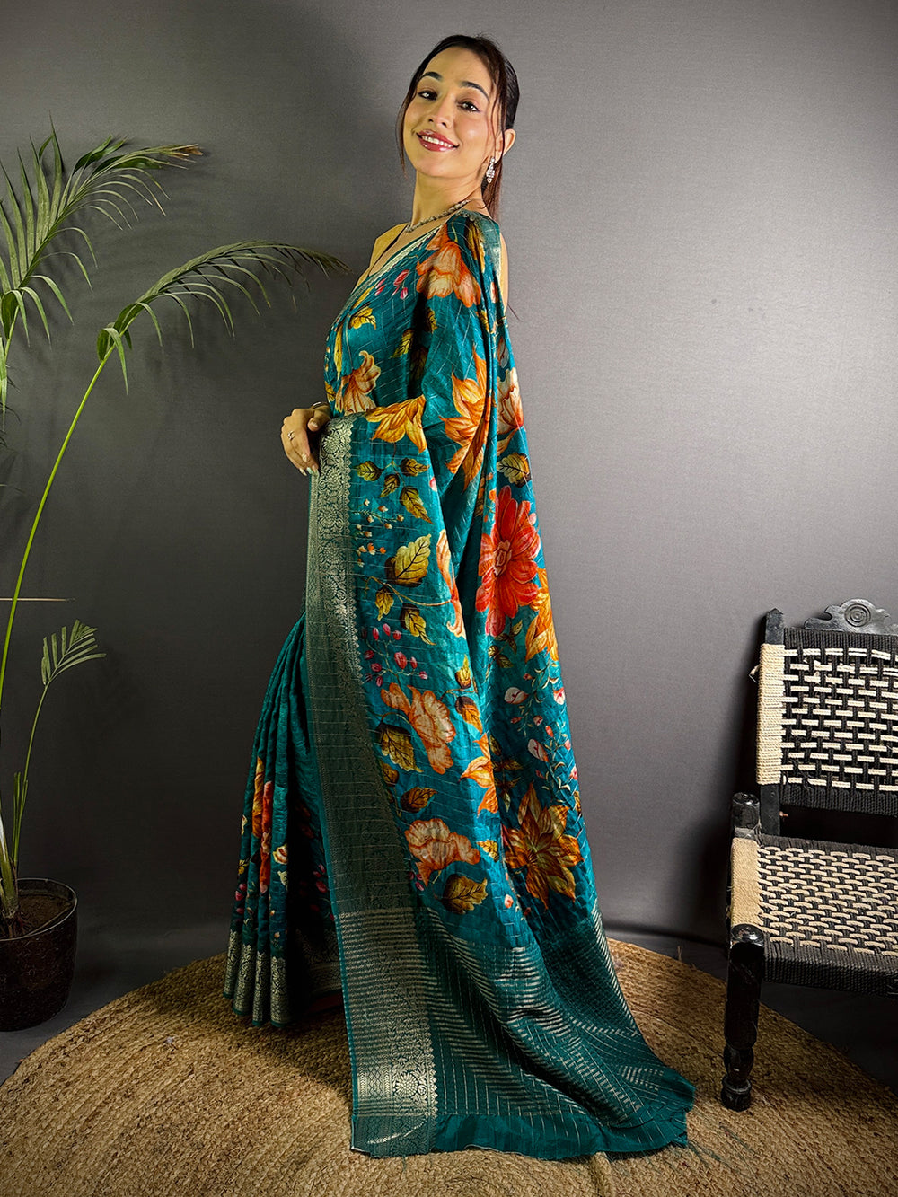 Teal Blue Pure Viscose Kalalmkari Print Saree
