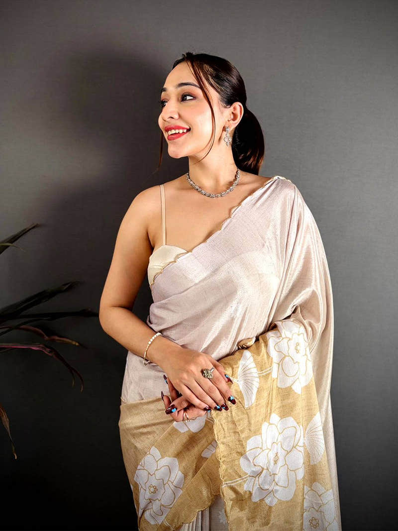 Radiant Floral Print Embroidered Chinnon Saree