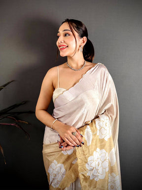 Radiant Floral Print Embroidered Chinnon Saree