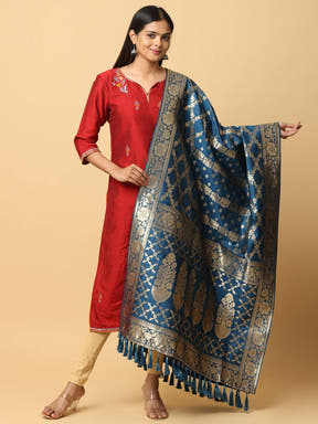 Silk blend woven dupatta with intricate design and tassels.