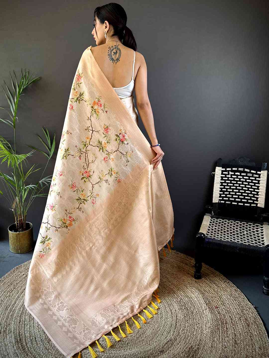Light Peach Kanjivaram Digital Silk Saree
