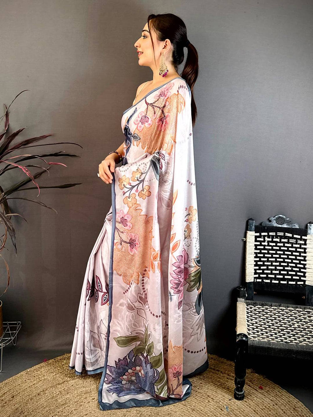 Light Grey Stone Work Floral Chinnon Saree