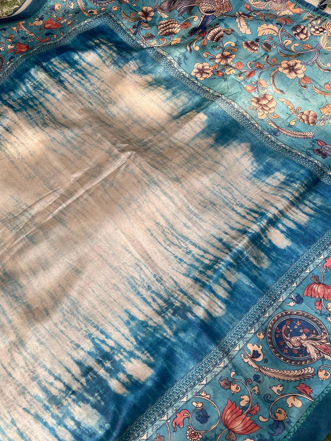 Blue Colour Tussar Silk Saree With Batik and Kalamkari Print Border