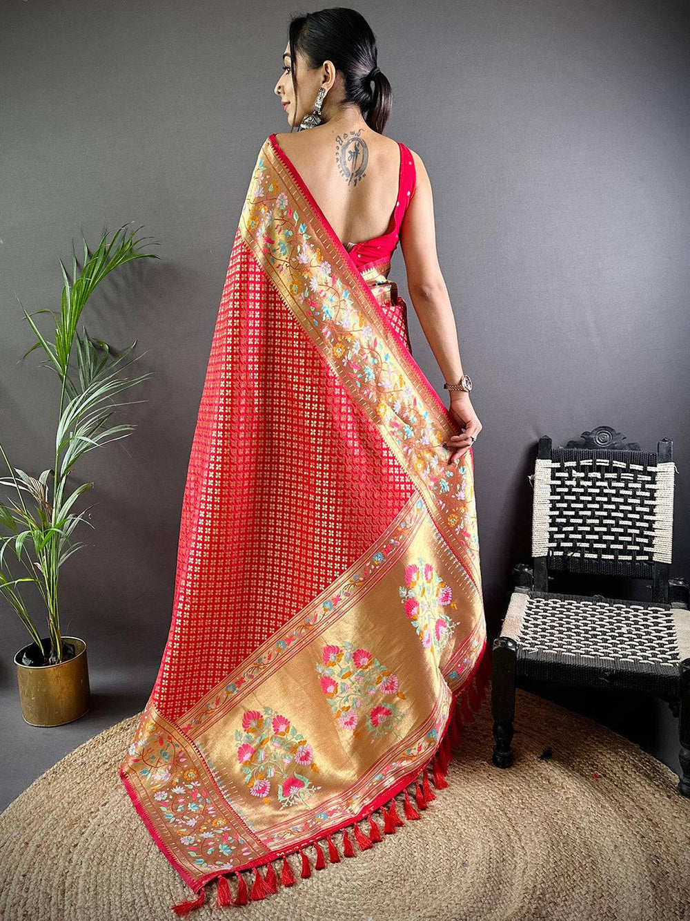 Red Banarasi Mina Kari Katan Silk Saree