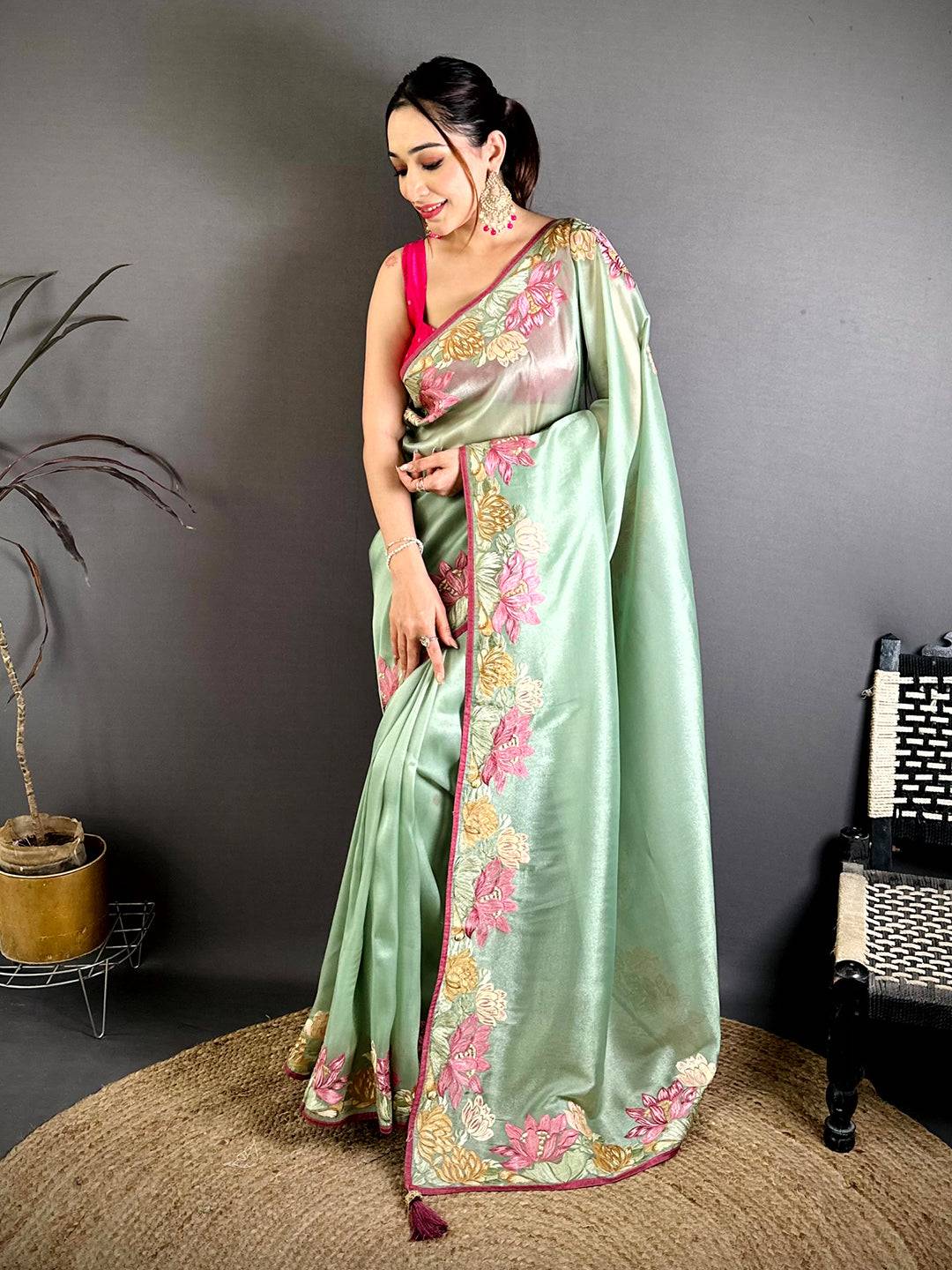 Pista Silky Tissue Resham Border Saree
