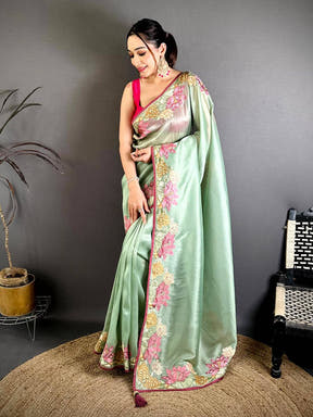 Pista Silky Tissue Resham Border Saree