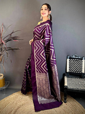 Dark Purple Geometric Zari Weave Banarasi Saree