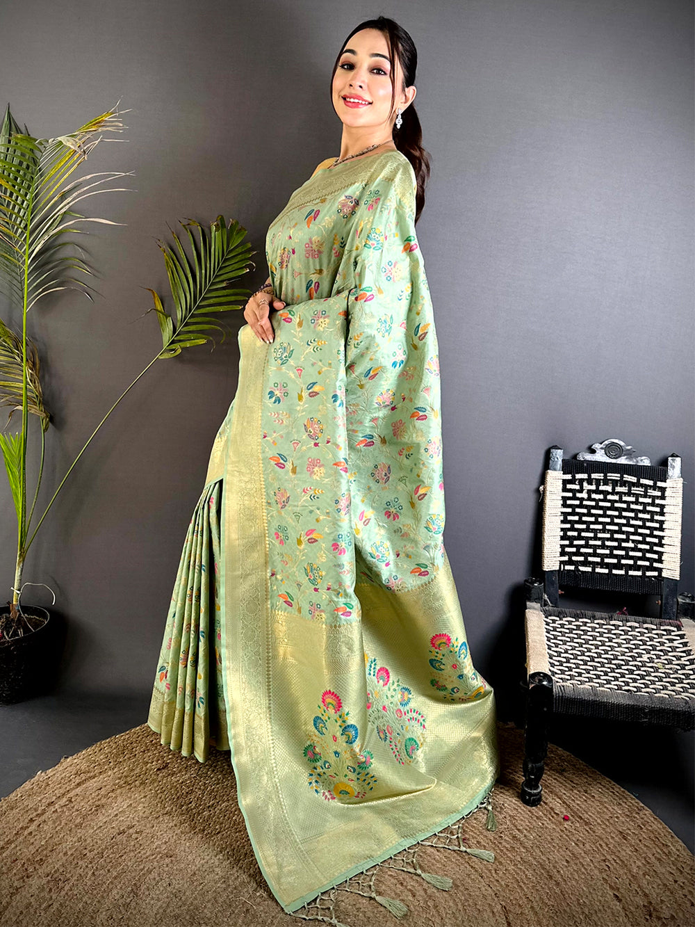Pista Banarasi Minakari Floral Silk Saree