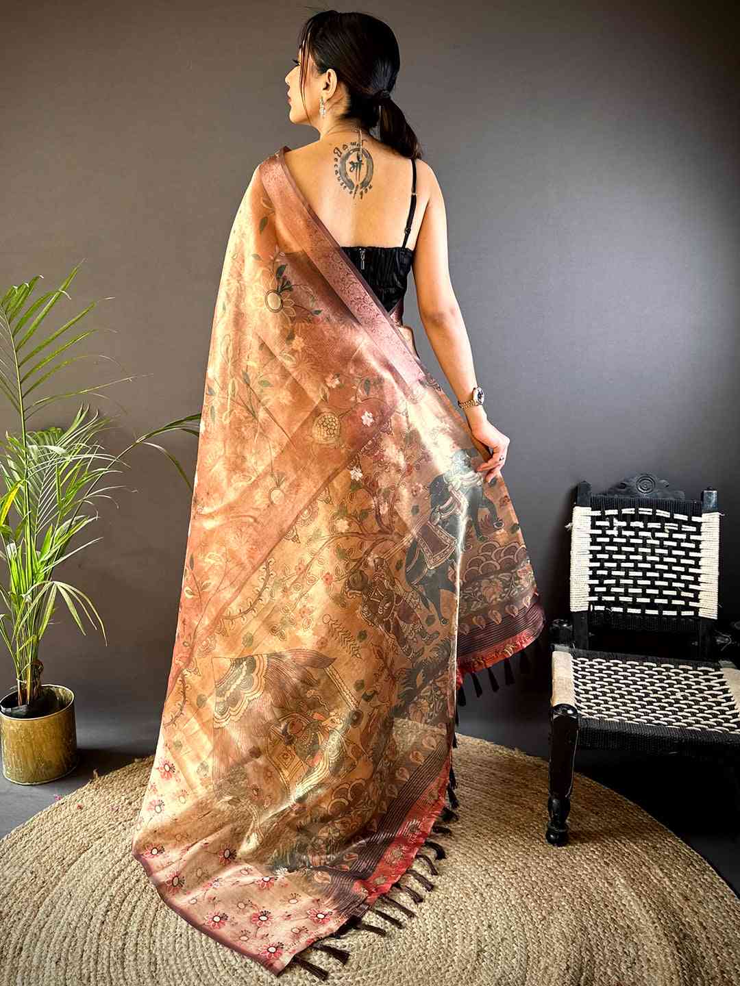 Maroon Floral Satin Bentex Border Saree
