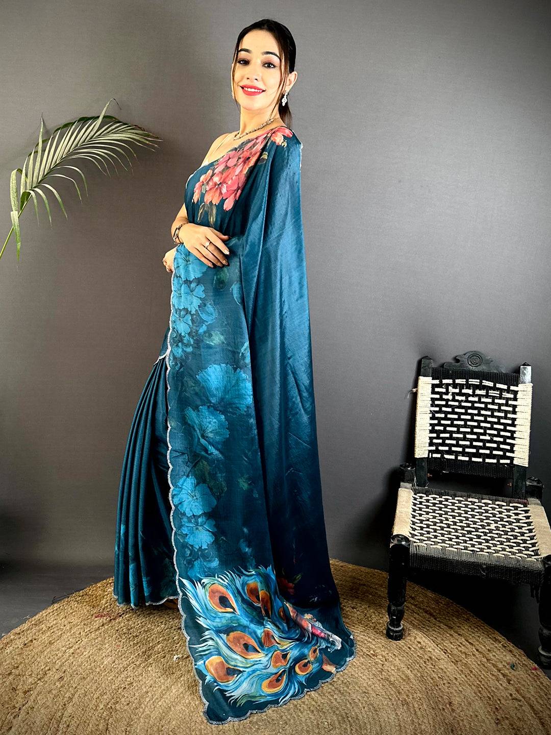 Teal Chinnon Stone Work Floral Saree
