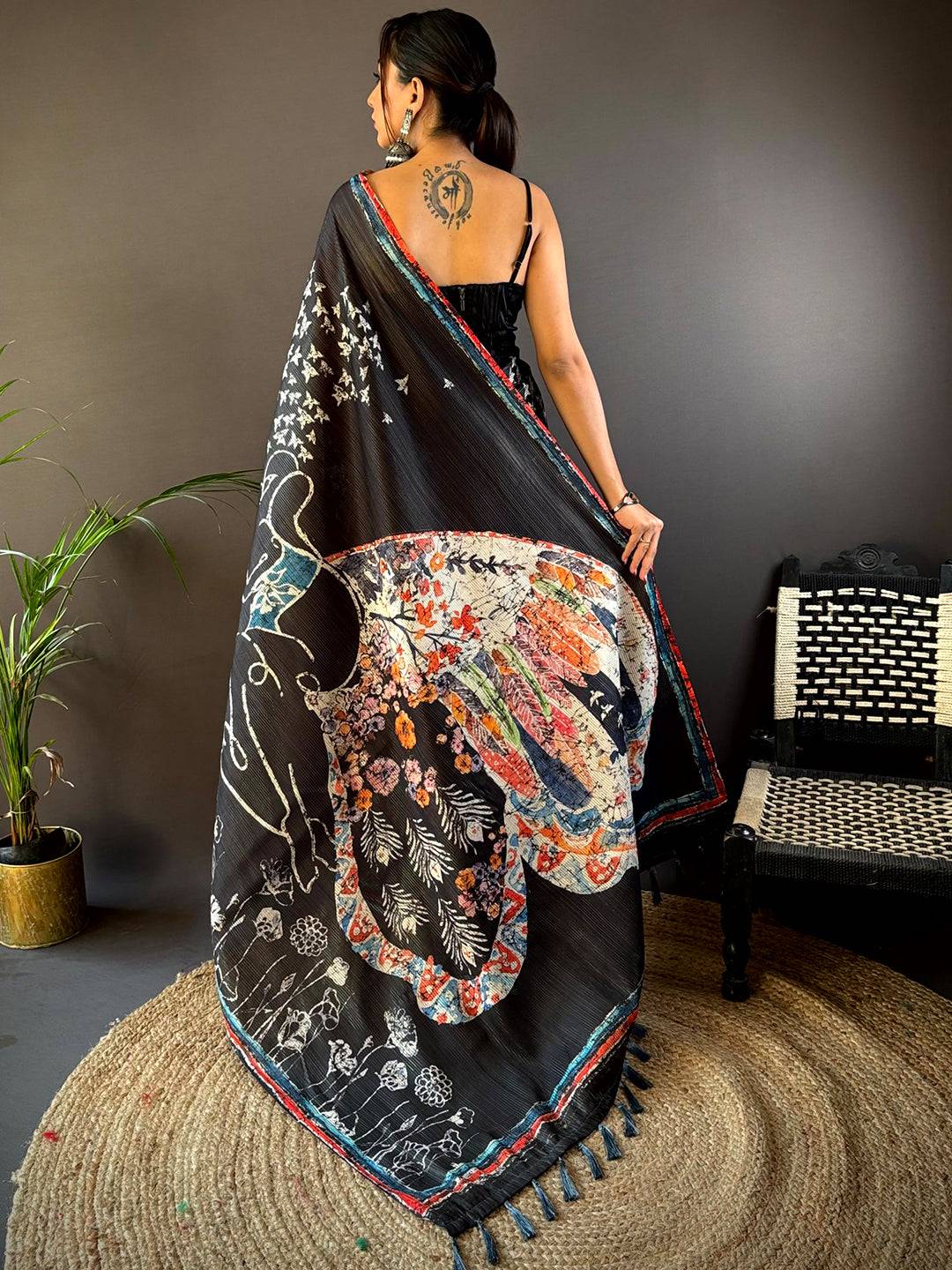Black Monochromatic Botanical Print Saree