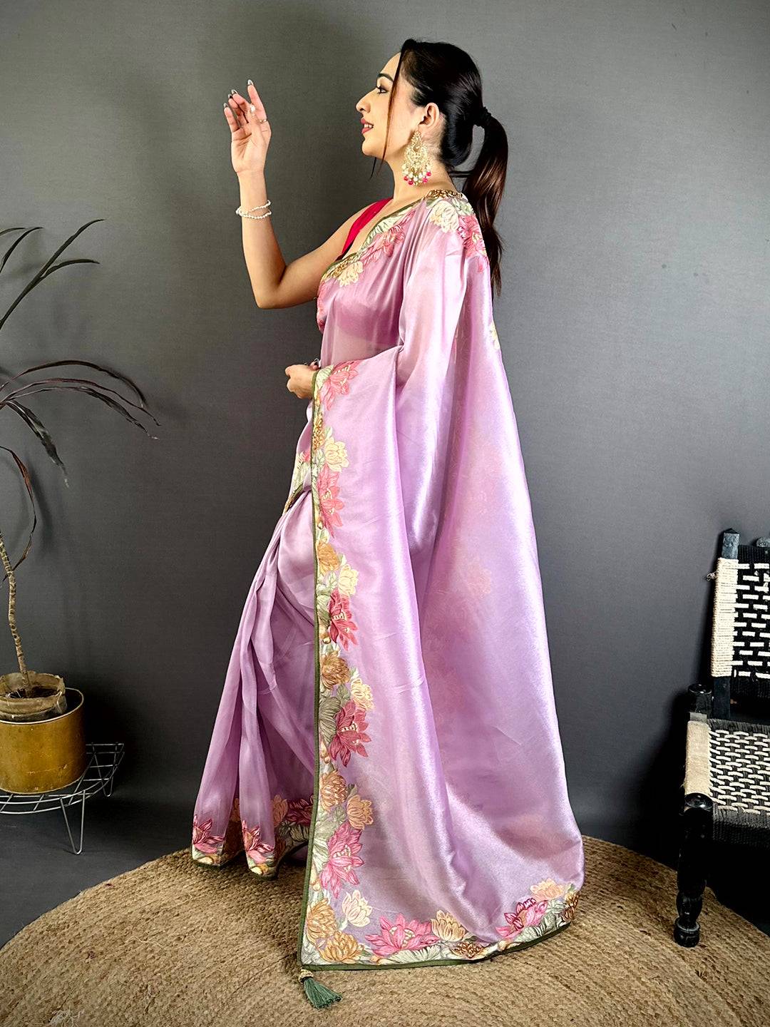 Purple Silky Tissue Resham Border Saree