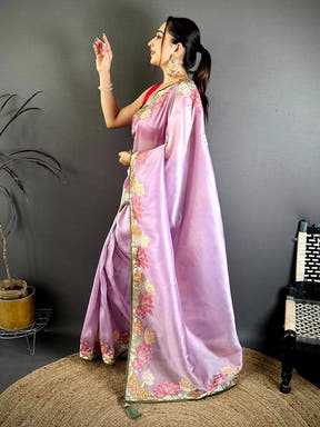 Purple Silky Tissue Resham Border Saree