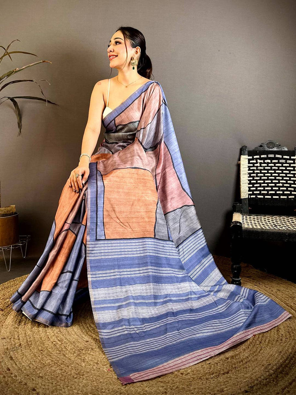 Vibrant Tussar Ghicha Block Print Saree