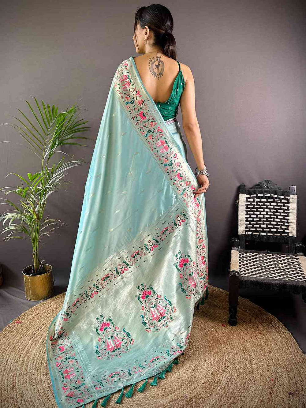 Sky Blue Yevla Paithani Meenakari Saree

