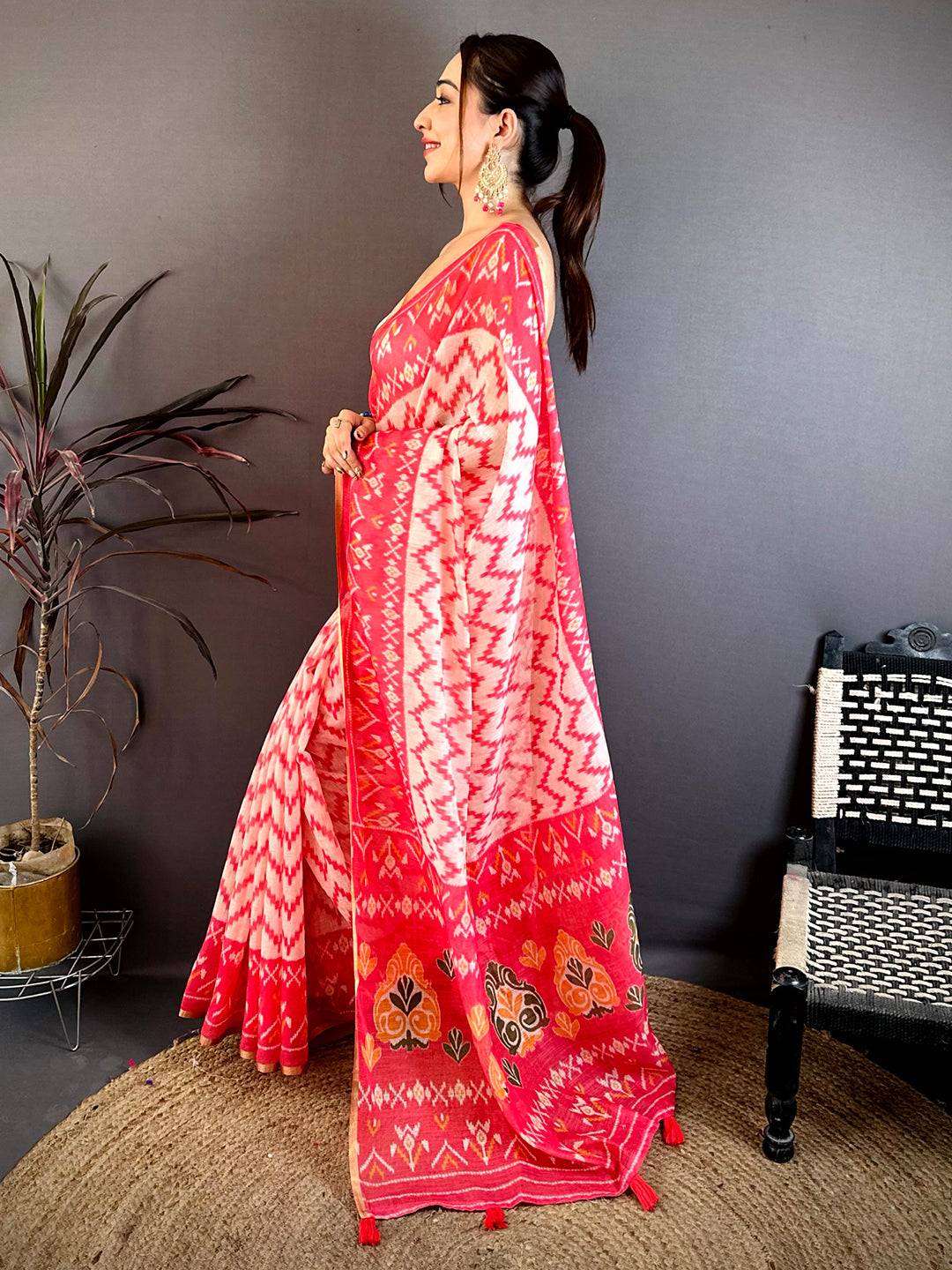 Radiant Red Linen Chanderi Ikkat Saree