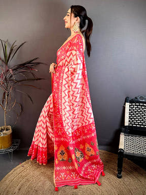 Radiant Red Linen Chanderi Ikkat Saree