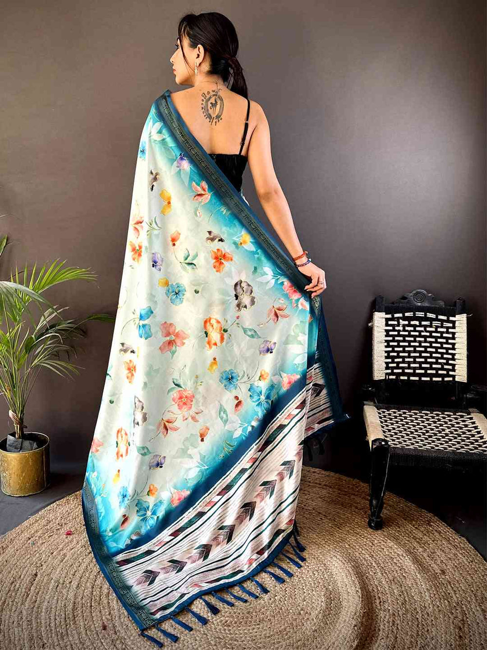 Powder Blue Floral Digital Print Silk Saree