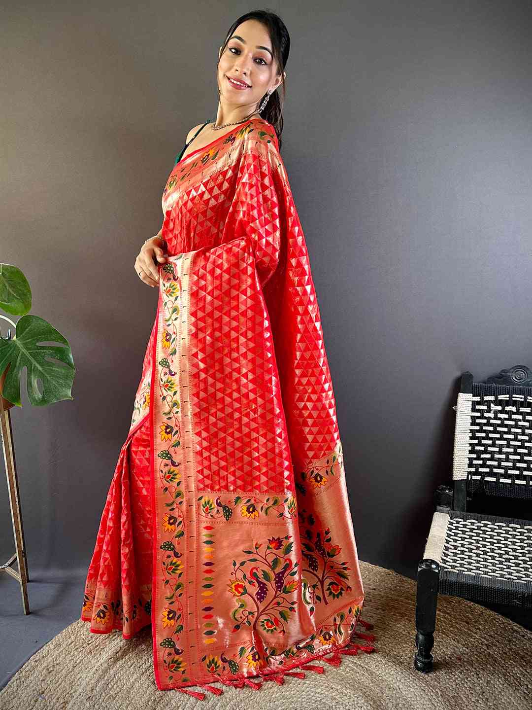 Red Silk Blend Woven Zari Work Paithani Saree

