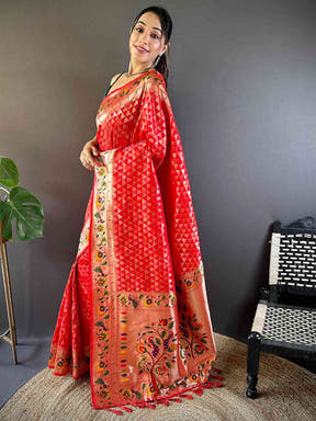Red Silk Blend Woven Zari Work Paithani Saree

