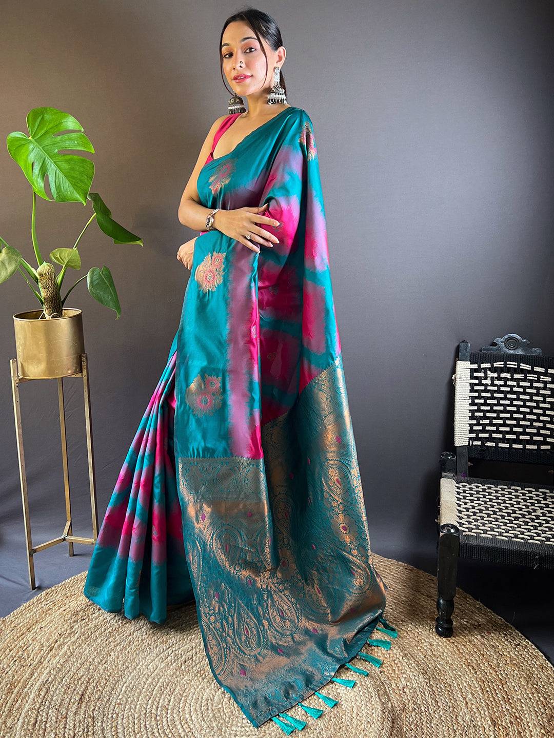 Model showcasing Rani Tussar Silk Ikkat Weaving Saree.