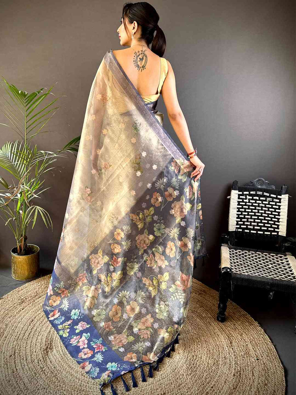 Blue Tissue Digital Floral Saree