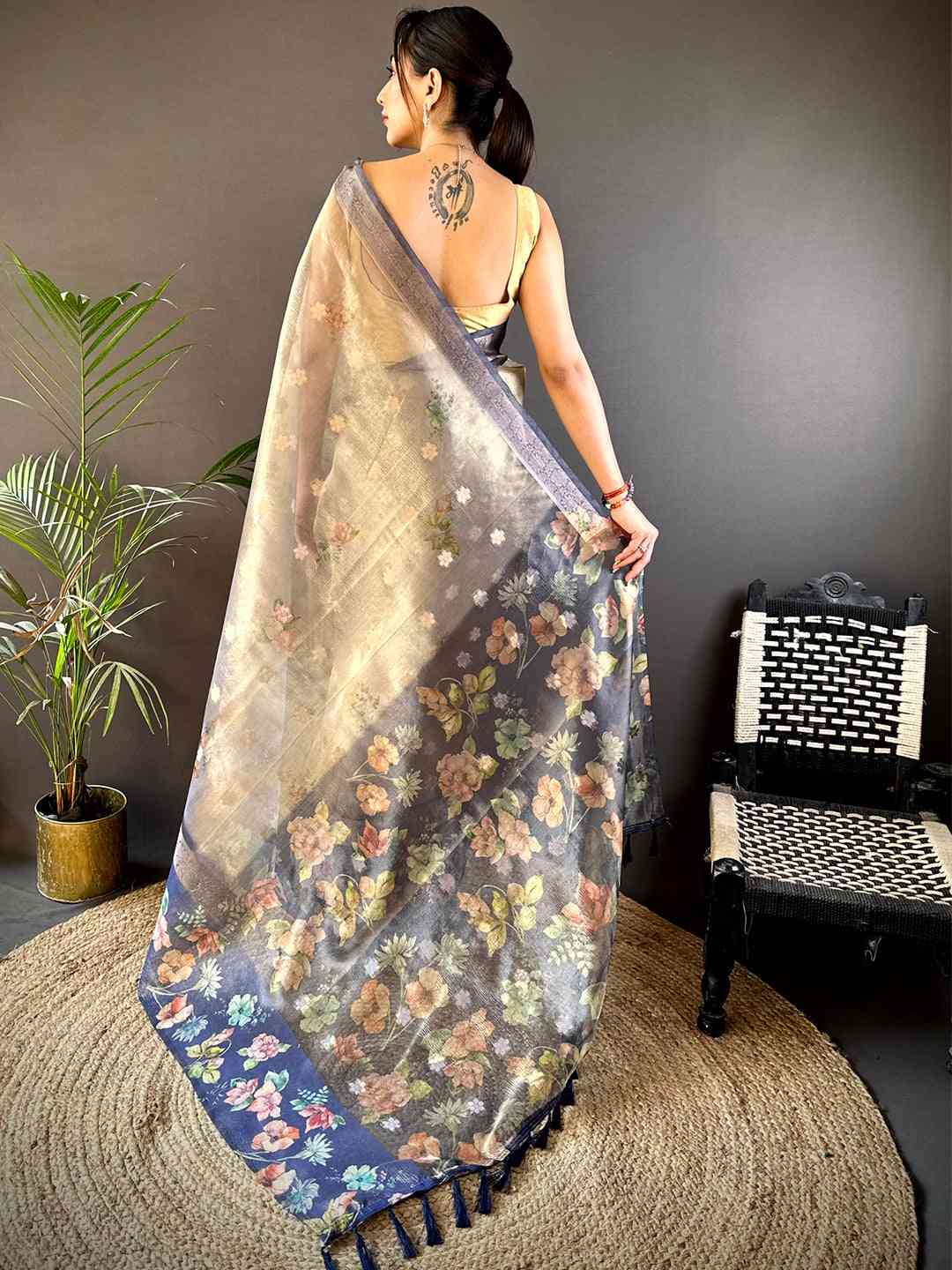 Blue Tissue Digital Floral Saree