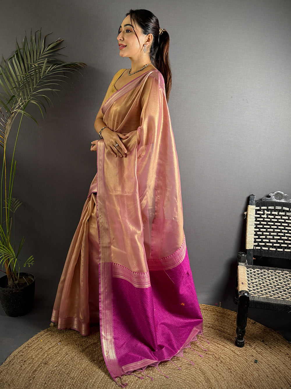 Radiant Wine Gold Zari Tissue Saree