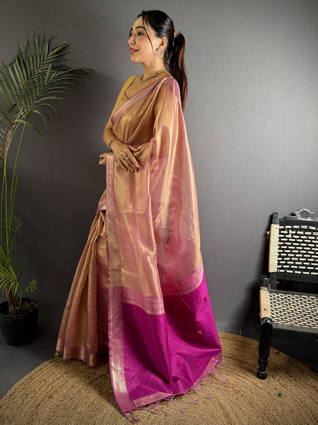 Radiant Wine Gold Zari Tissue Saree