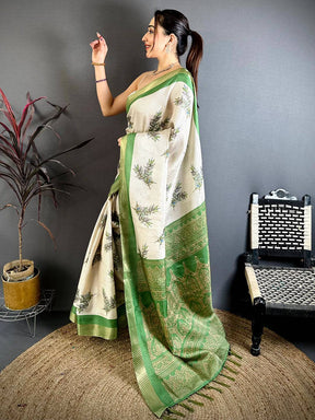 Green Leaf Minakari Tussar Saree
