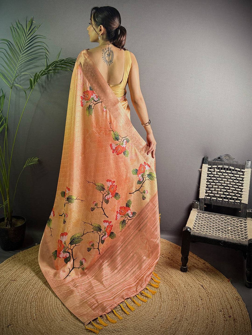 Peach Soft Organza Silk Floral Saree