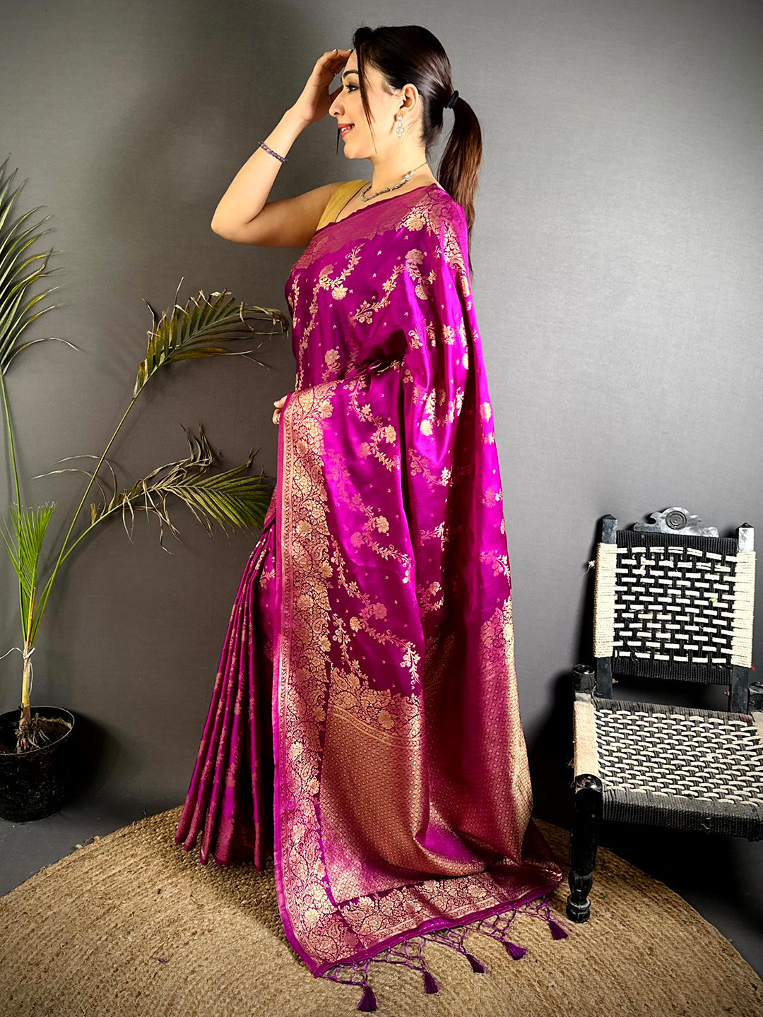 Magenta Satin Silk Zari Weave Saree