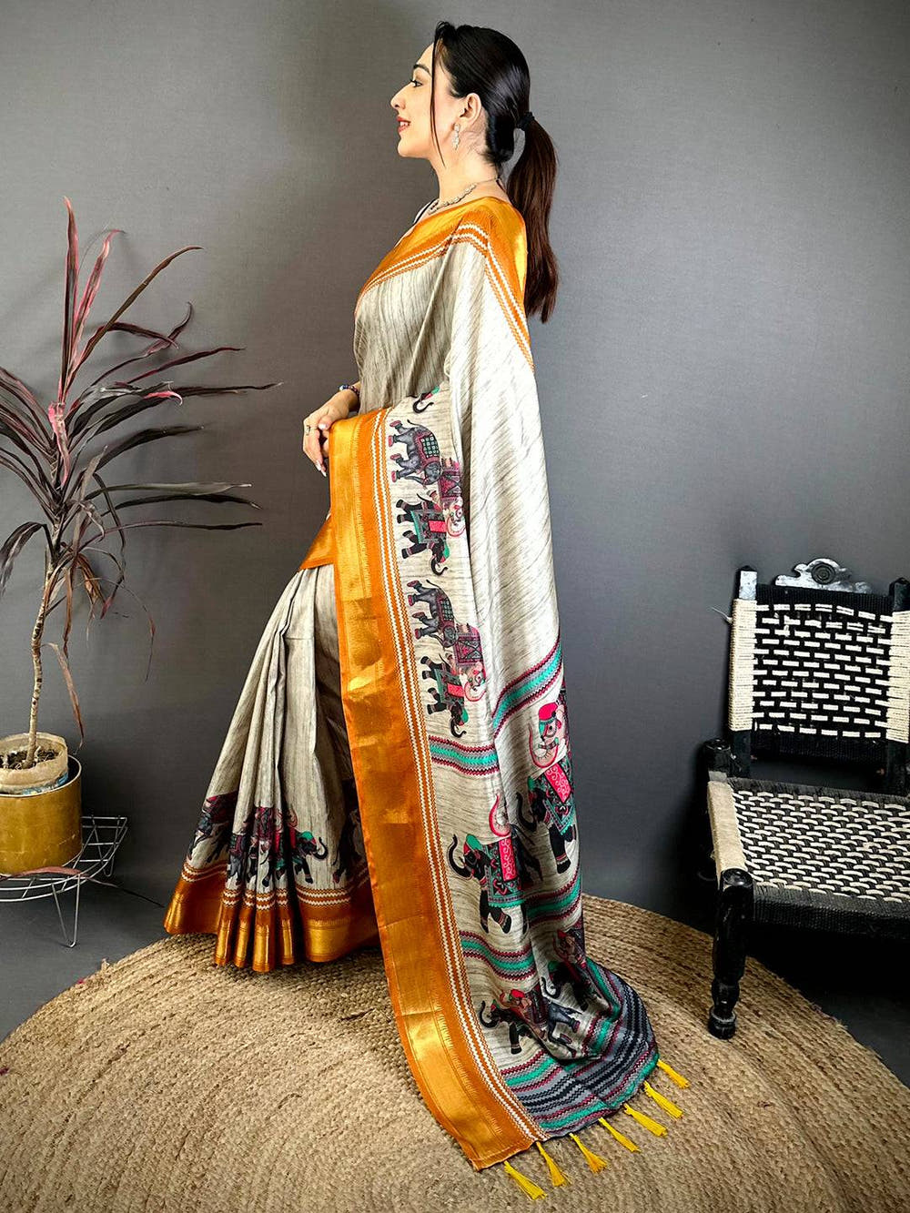 Vibrant Block Print Dola Silk Saree