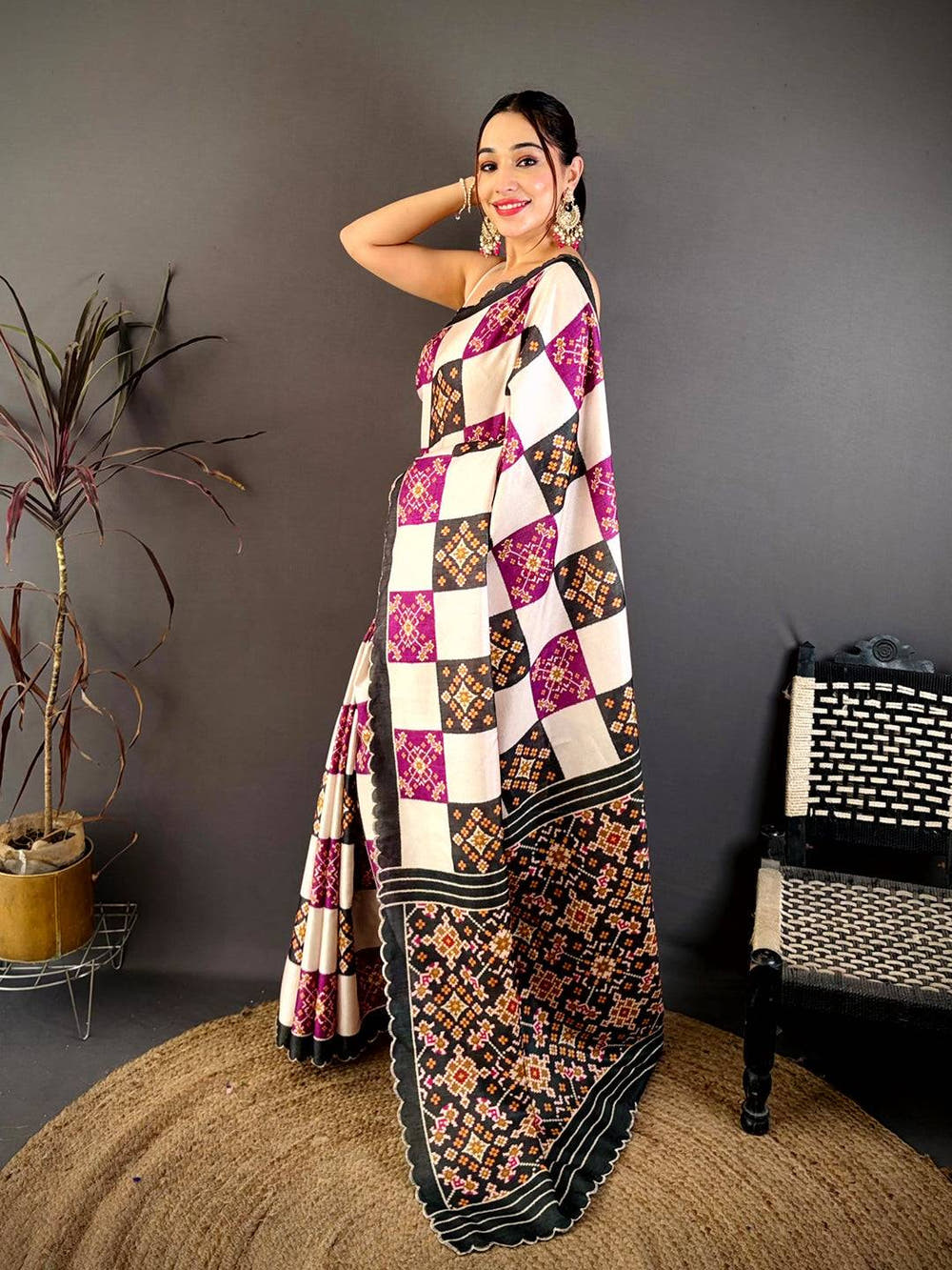 Stylish Multi Box Ikkat Print Tussar Saree