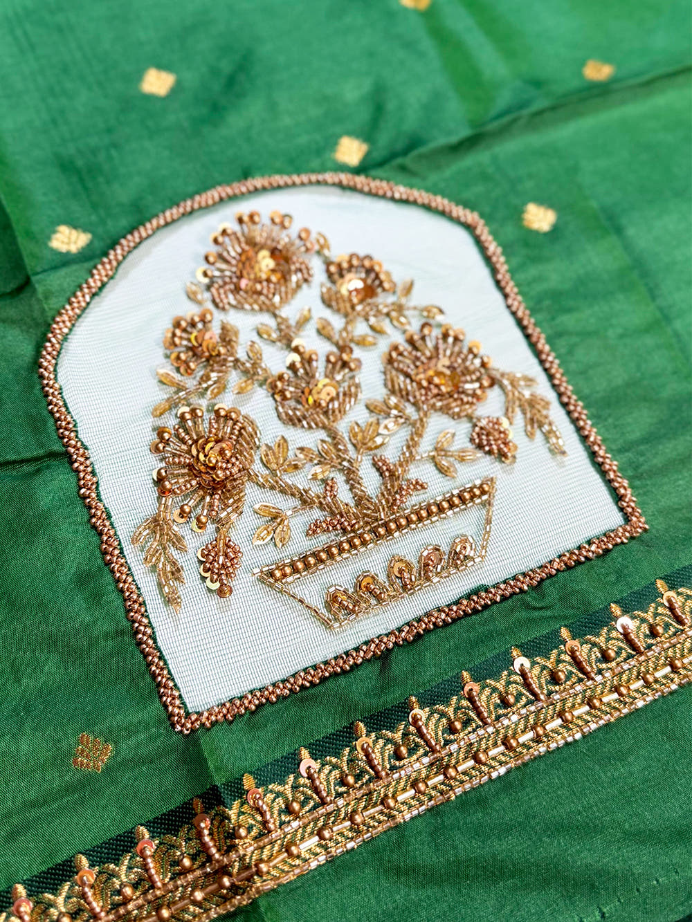 Graceful Soft Silk Swan Motif Saree With Maggam Blouse