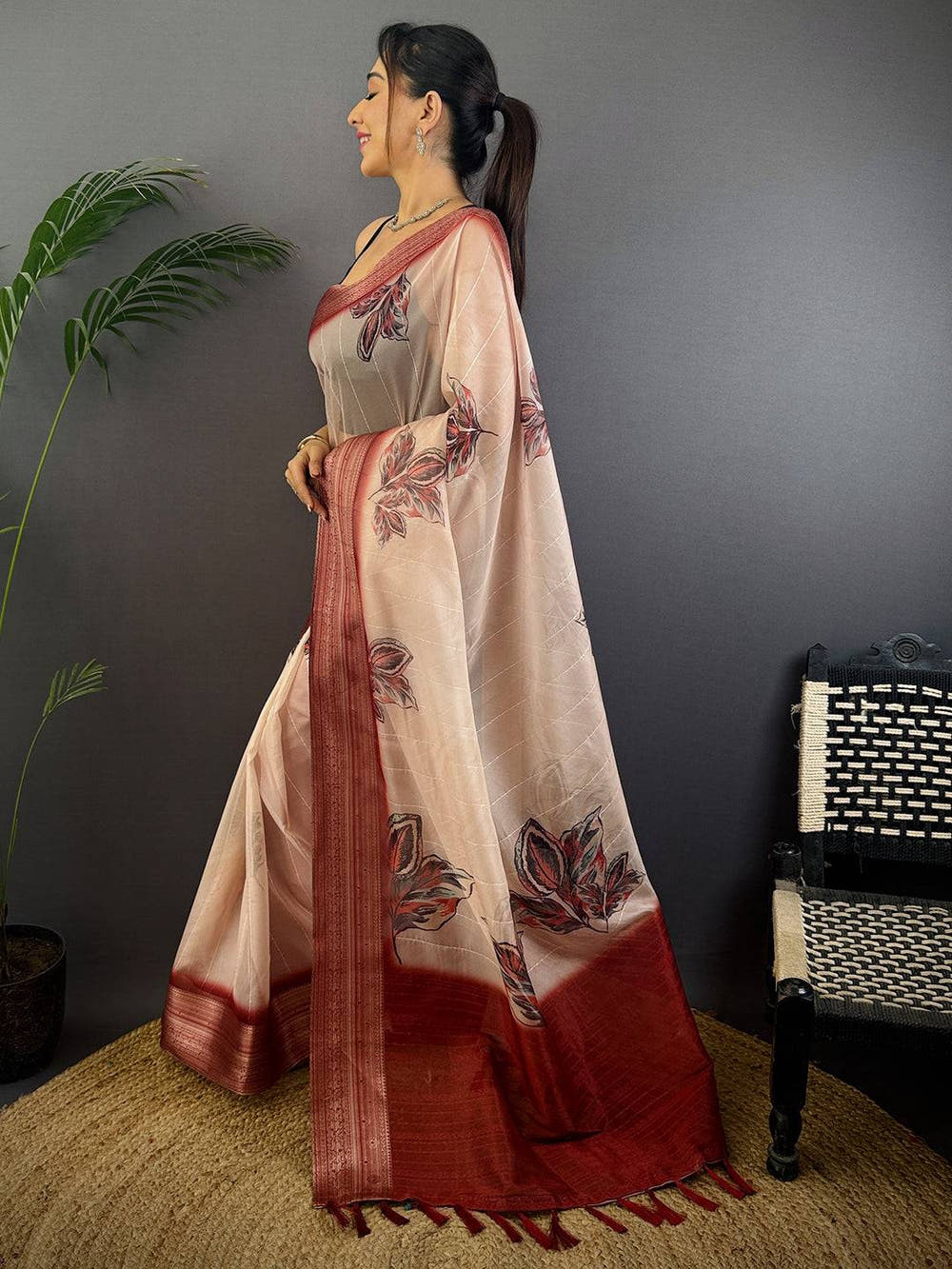 Beige Soft Organza Digital Print Saree
