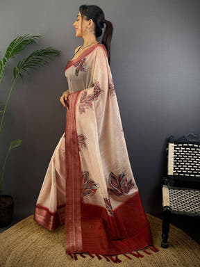 Beige Soft Organza Digital Print Saree