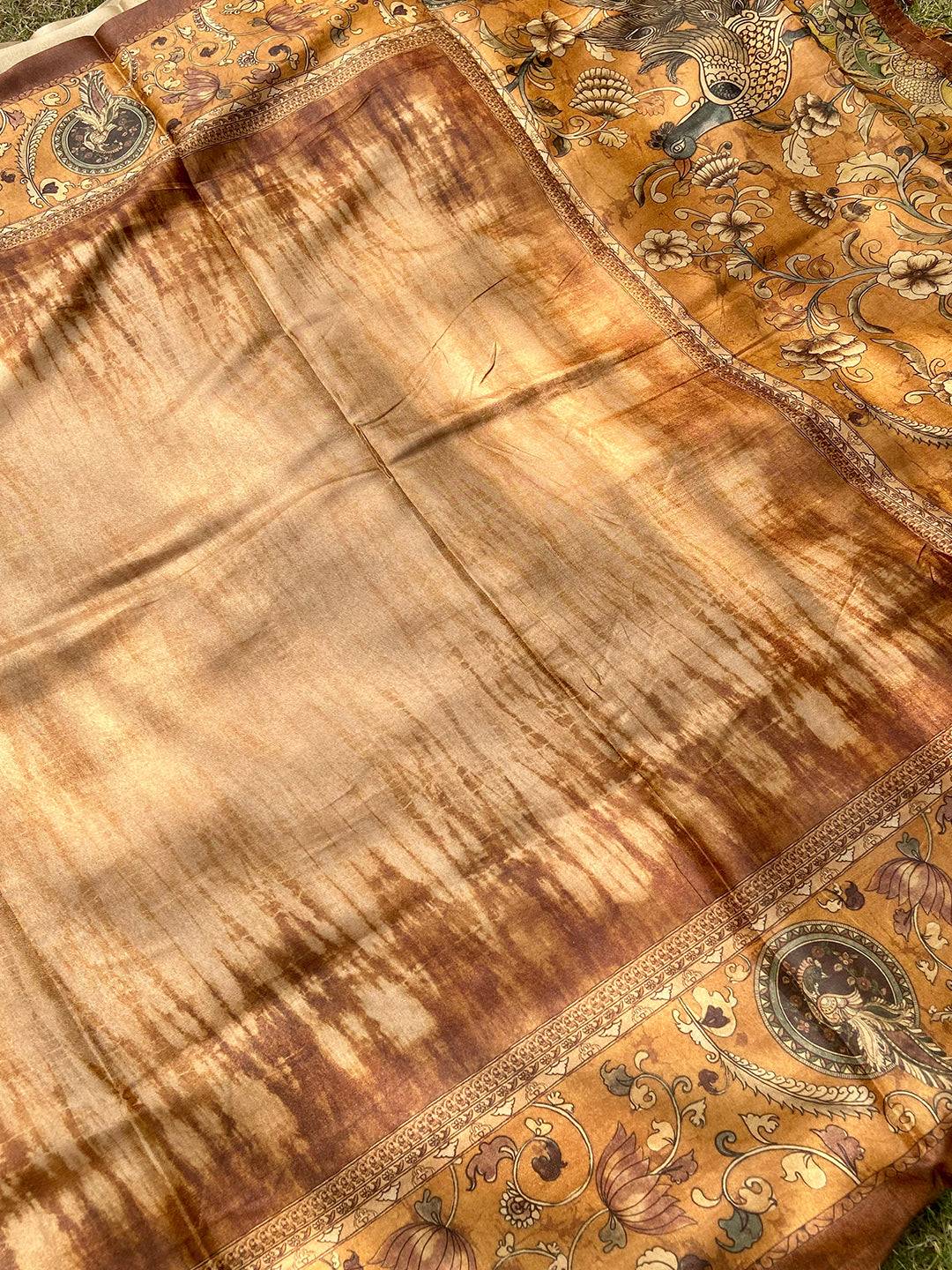 Gold Colour Tussar Silk Saree With Batik and Kalamkari Print Border