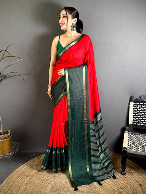 Red Soft Kota Crepe Contrast Border Saree
