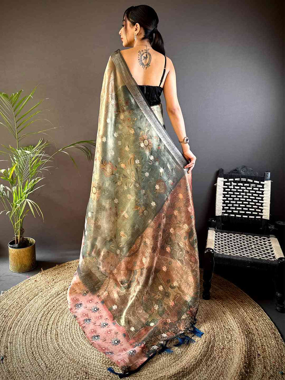 Olive Floral Satin Bentex Border Saree