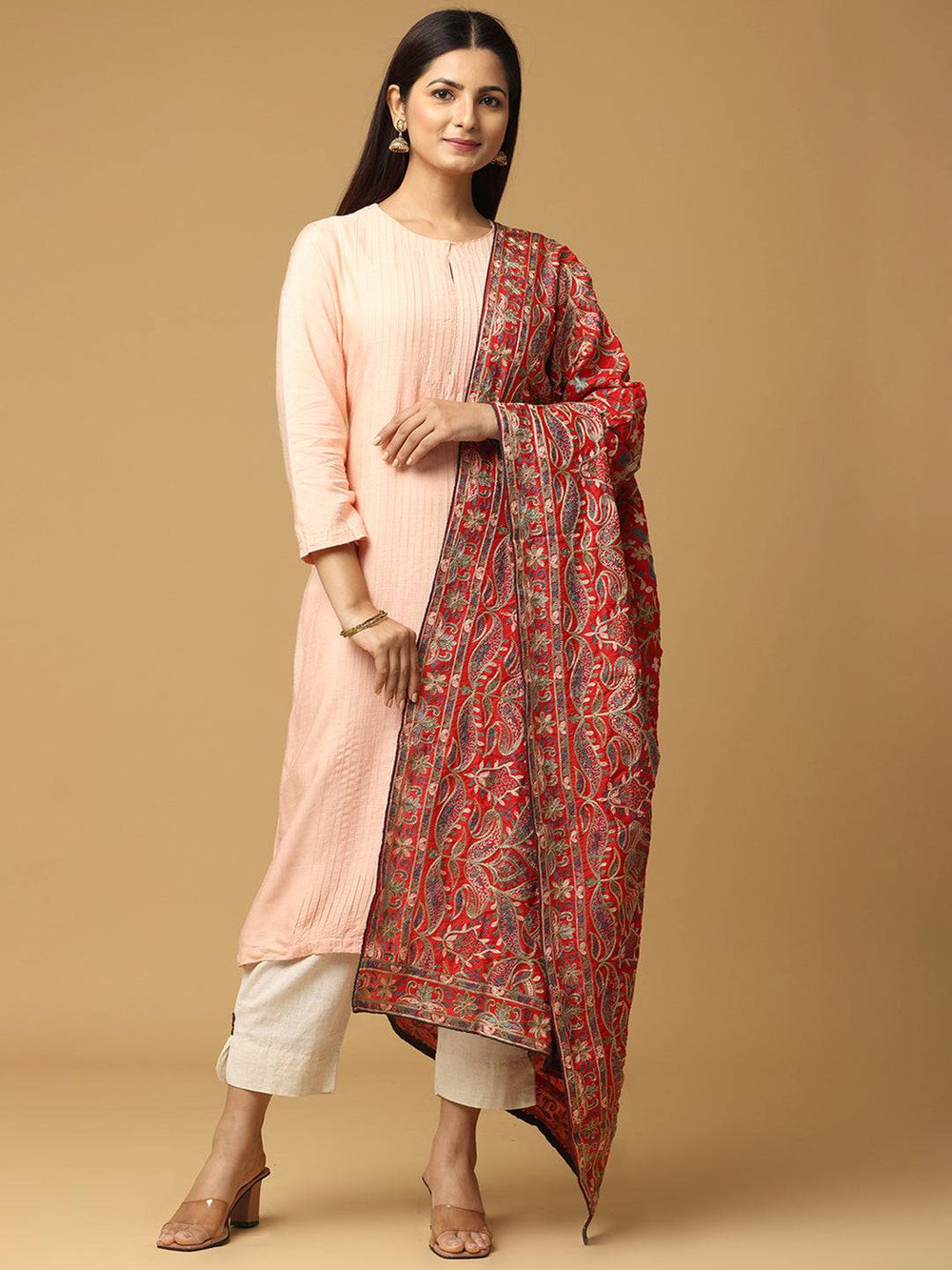 Model showcasing red poly chiffon pashmina dupatta with ethnic motifs
