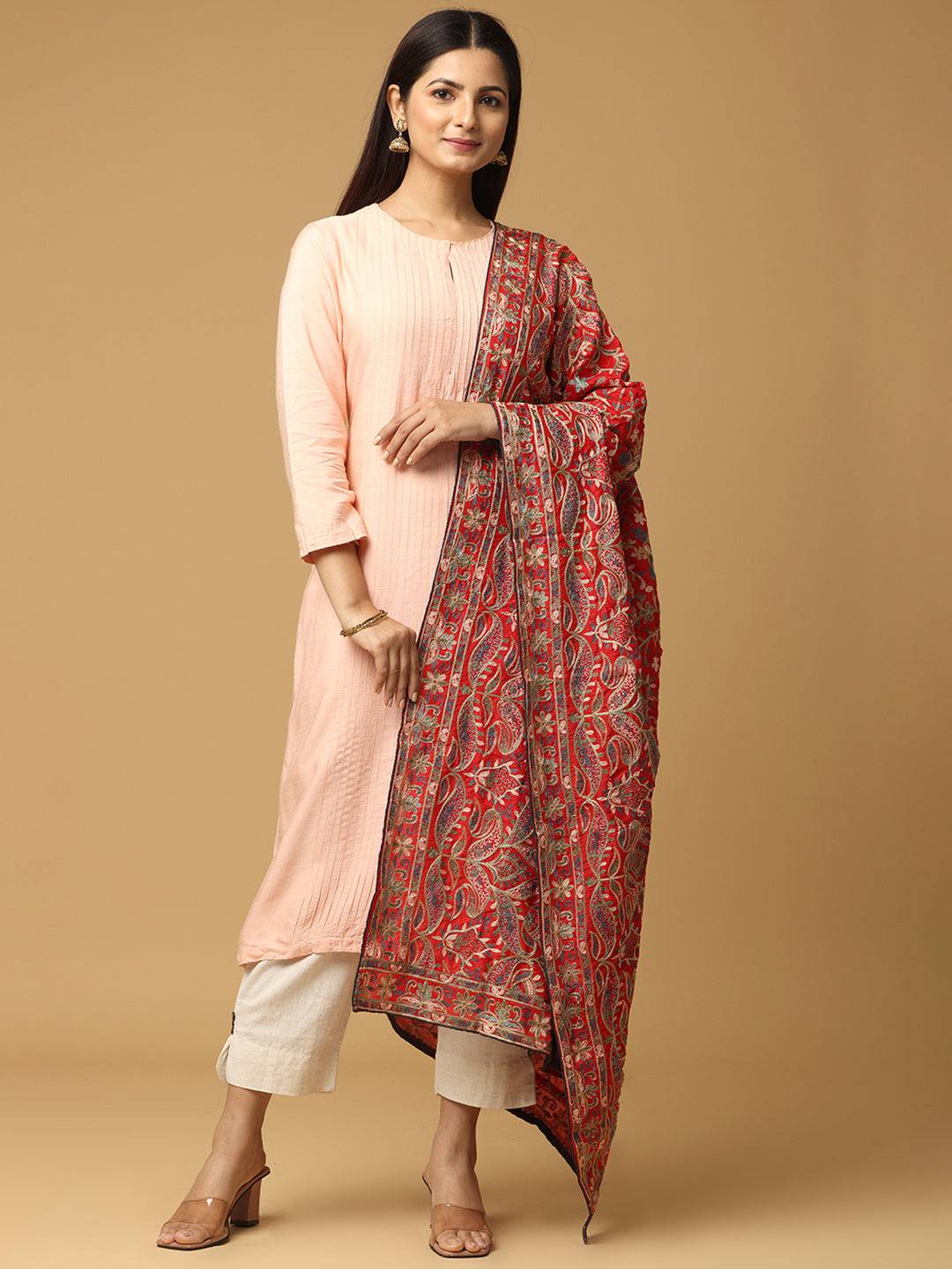 Model showcasing red poly chiffon pashmina dupatta with ethnic motifs