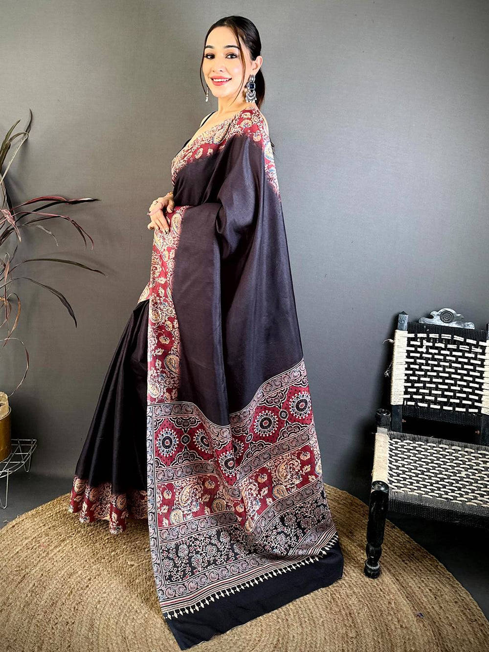 Classic Ajrakh Print Tussar Saree