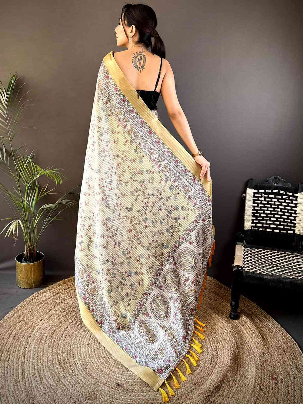 Off White Chanderi Madhubani Black Chex Saree