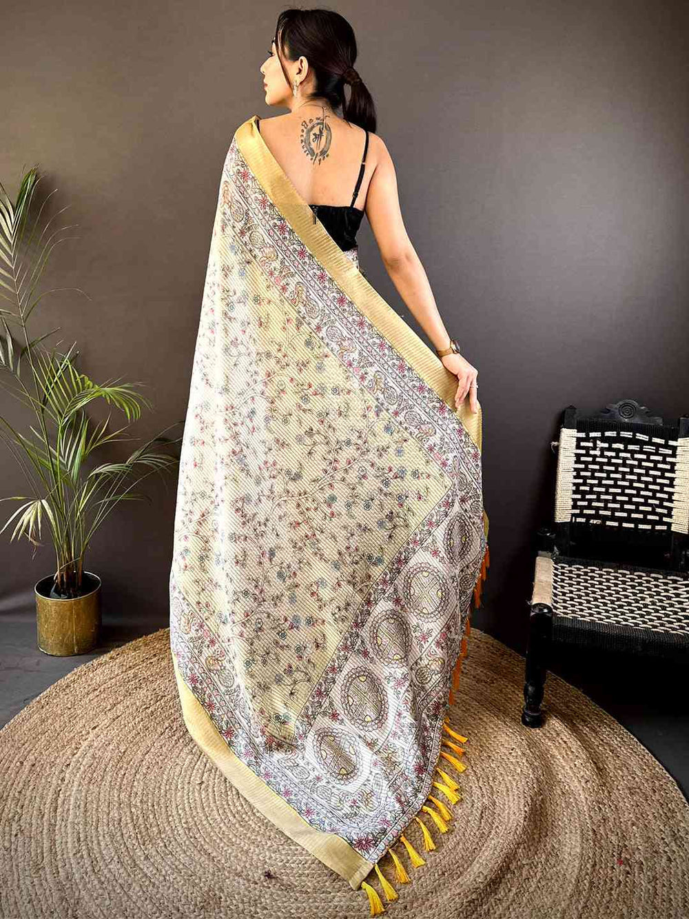 Off White Chanderi Madhubani Black Chex Saree