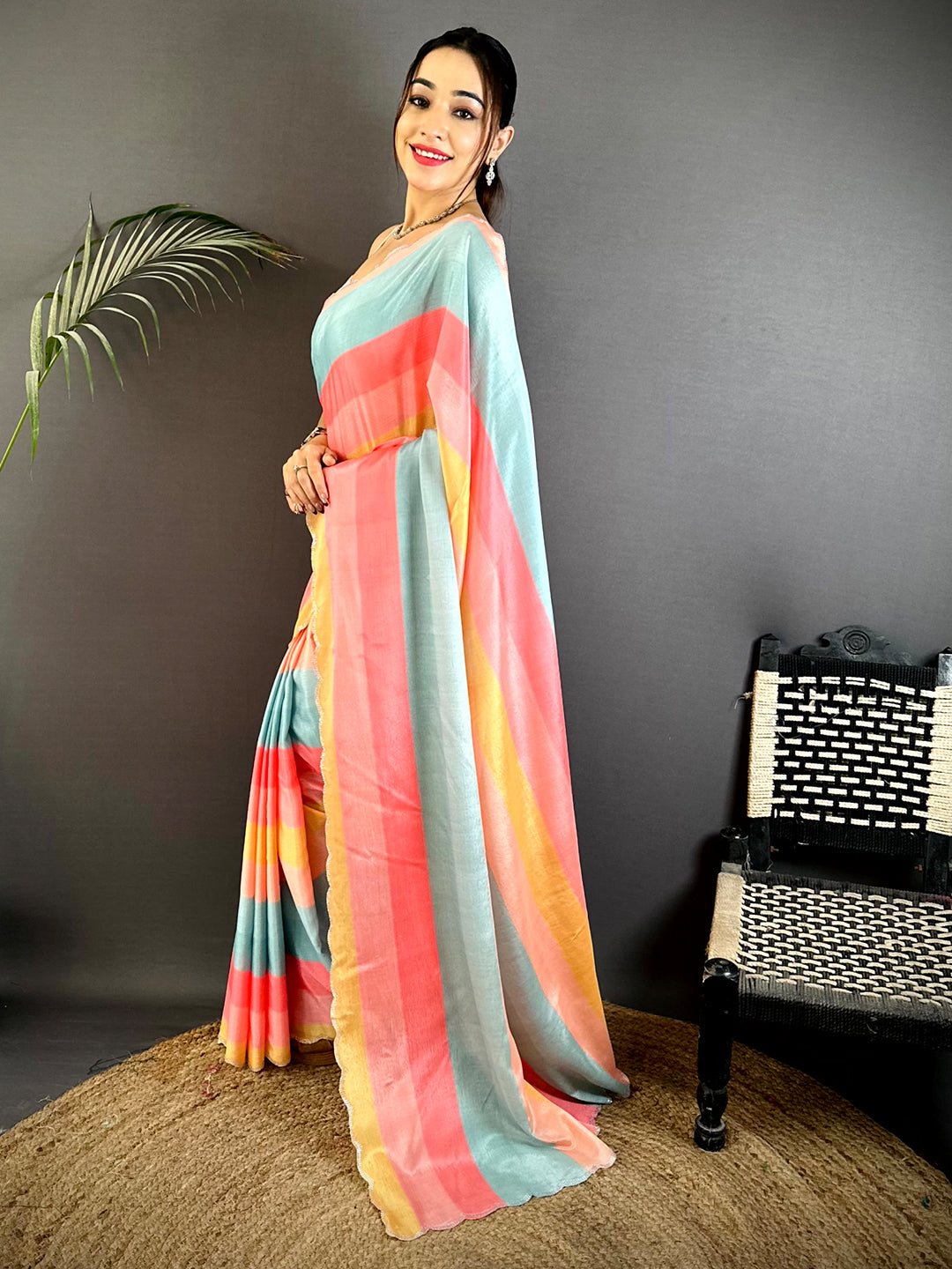 Radiant Soft Chiffon Swarovski Striped Saree