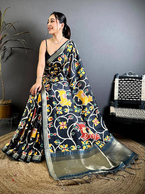 Exclusive Gold Lakda Patta Kalamkari Saree